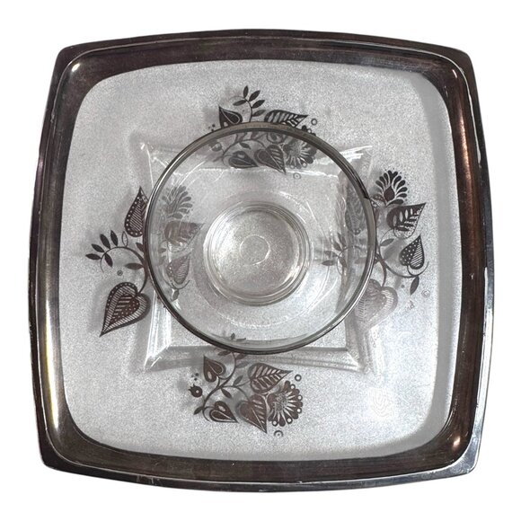 Vintage Georges Briard Glass Chip & Dip Set With Floral Design Signed Vintage - Picture 2 of 7